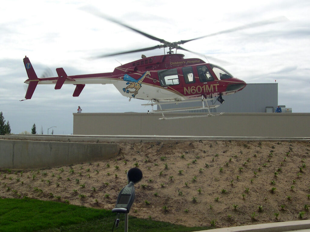 Helicopter noise testing on a roof top of a hospital